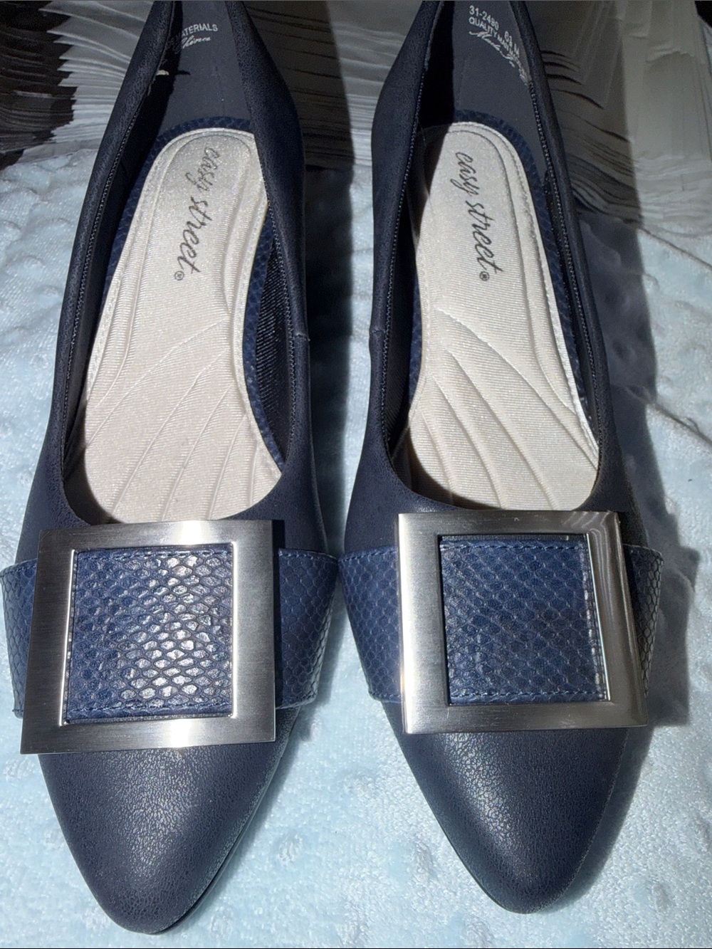 easy street Navy Pointed Toe Flats with Textured Strap and Silver Buckle